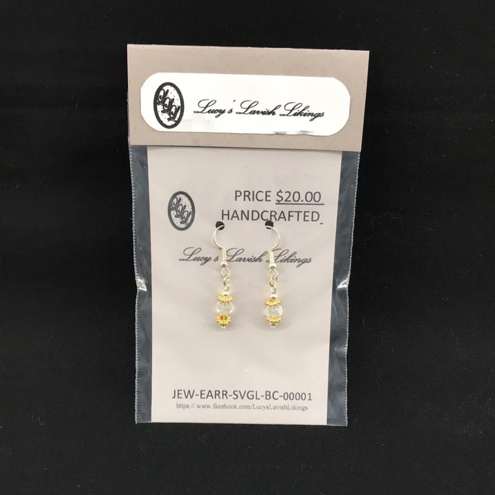 HANDCRAFTED EARRINGS—FISHHOOK DANGLES—Clear Beads with Gold/Silver Tone Findings